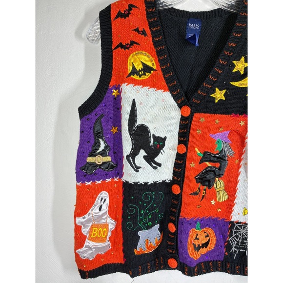 Vintage Halloween Sweater Vest Medium Black Orange Patchwork Beaded Witch - Picture 4 of 10